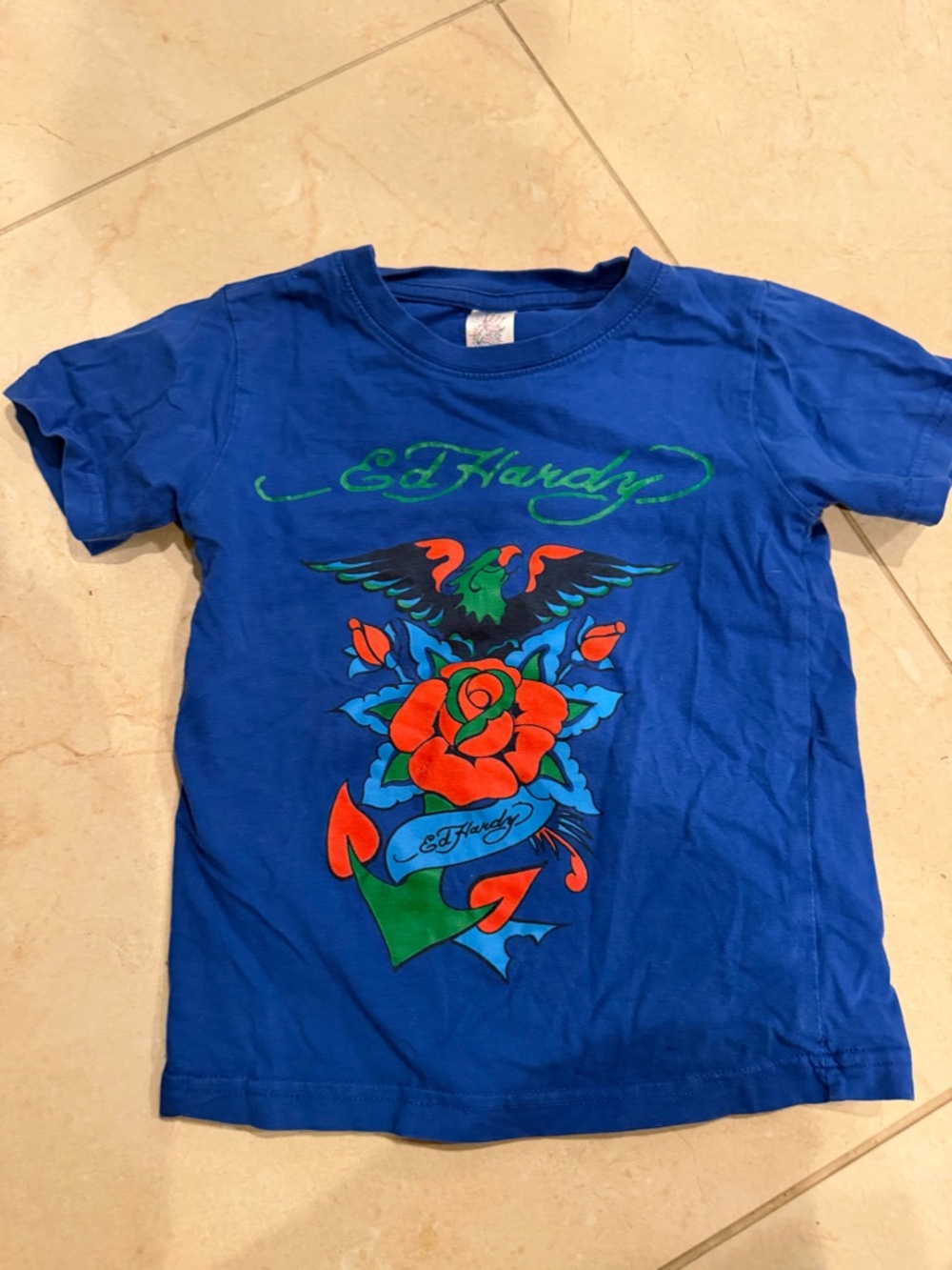 Ed Hardy Kids Blue Short Sleeve Tee with Rose & Eagle Graphic
